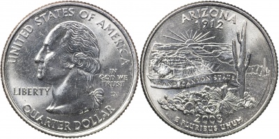 США. Монета 25 центов [Квотер]. 2008.D (KM#423. Unc) Аризона
