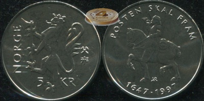 Норвегия. Монета 5 крон. 1997 (KM#461. Unc) 350 лет почте Норвегии