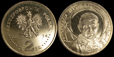 Польша. 2 злотых. 2014 (Unc) Канонизация Иоанна Павла II