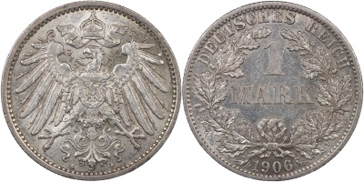 Германия [Кайзер Рейх]. Монета 1 марка. 1906.A (J.17 / KM#14. Unc. Серебро)