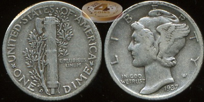 США. 10 центов (Дайм). 1937.D (VF+. Серебро)