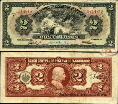 Сальвадор. Банкнота 2 колона. 23.12.1942. VF. Бумага. Кат.# P.76