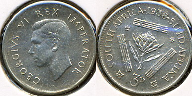 Южная Африка. 3 пенса. 1938 (XF+. Серебро)