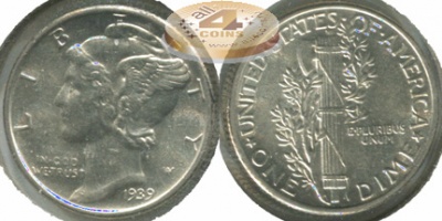 США. 10 центов [Дайм]. 1939 (Unc. Серебро)