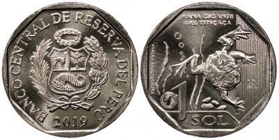 Перу. Монета 1 соль. 2019 (KM#NL. Unc) Титикакский свистун (Telmatobius culeus)