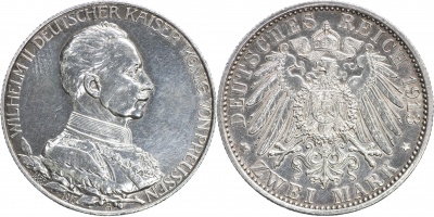 Германская империя [Пруссия]. Монета 2 марки. 1913.A (J.112 / KM#533. Unc. Серебро) 25 лет правления