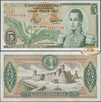 Колумбия. Банкнота 5 песо оро. 01.04.1979. Unc. Бумага. Кат.# P.406f