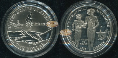 США. Монета 1 доллар. 1995.P (KM#259. Proof. Серебро. Капсула) Слепой бегун