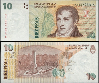 Аргентина. Банкнота 10 песо. ND(2008). Unc. Бумага. Кат.# P.354a [Serie K]