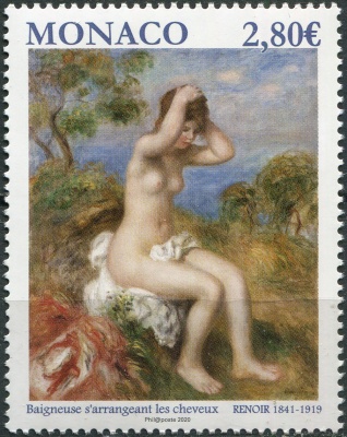 Монако. 2020. Картина "Купальщица, укладывающая волосы" - Ренуар, 1841-1919 (Почтовая марка. MNH OG)