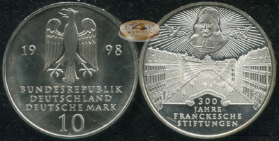 Германия [ФРГ]. Монета 10 марок. 1998.A (J.470 / KM#194. Unc. Серебро) 300 лет Фонду Франке в Галле
