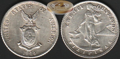 Филиппины. 20 центаво. 1944 (XF+. Серебро)