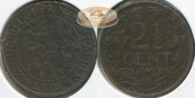 Нидерланды. Монета 2 1/2 цента. 1916 (KM#150. aUnc)
