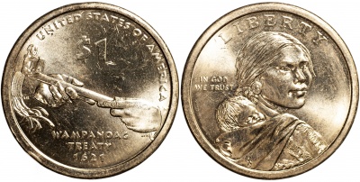 США. Монета 1 доллар. 2011.P (KM#503. Unc) 390 лет договору с Вампаноагами