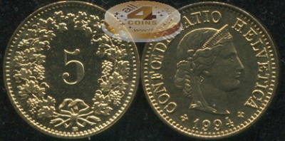 Швейцария. 5 раппенов. 1994 (Unc)