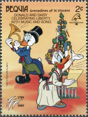 Сент-Винсент и Гренадины. 1989. Дональд и Дейзи празднуют свободу (Почтовая марка. MNH OG)