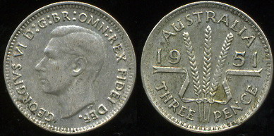 Австралия. 3 пенса. 1951 (VF. Серебро)