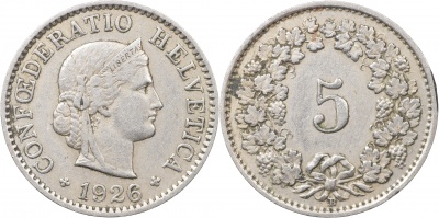 Швейцария. Монета 5 раппенов. 1926.B (S.1212 / KM#26. aUnc)