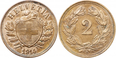 Швейцария. Монета 2 раппена. 1914.B (S.1213 / KM#4.2. Unc)