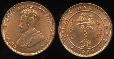 Цейлон британский. 1 цент. 1929 (Unc)