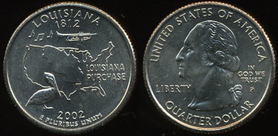 США. Монета 25 центов [Квотер]. 2002.P (KM#333. Unc) Луизиана