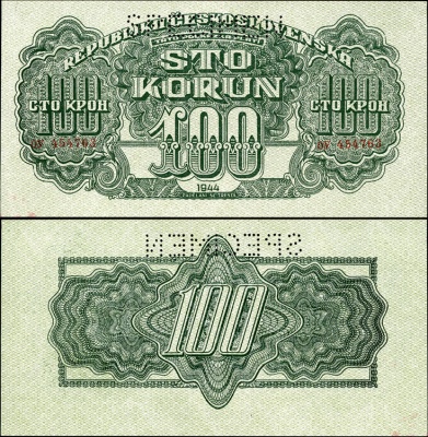 Чехословакия. 100 крон (speciment, Unc) 1944