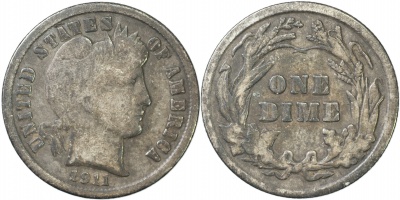 США. Монета 10 центов [Дайм]. 1911 (KM#113. VF. Серебро) Barber Dime