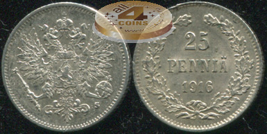 Финляндия (Российская). 25 пенни. 1916 (aUnc++. Серебро)