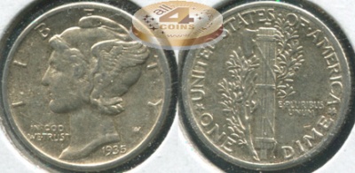 США. Монета 10 центов [Дайм]. 1935 (KM#140. XF. Серебро) Winged Liberty (Mercury) dime