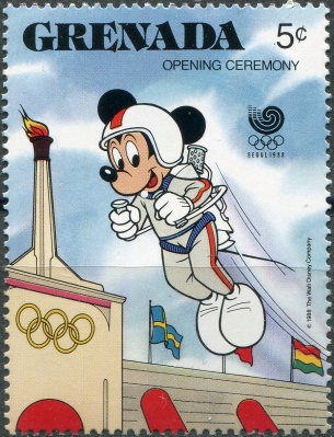 Гренада. 1988. Микки Маус летает с ракетным поясом (Почтовая марка. MNH OG)