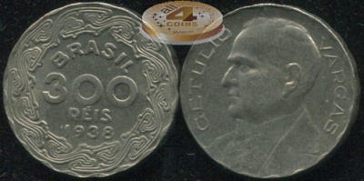 Бразилия. Монета 300 рейс. 1938 (KM#546. XF/aUnc)
