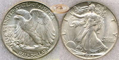 США. 1/2 доллара. 1944 (BU. Серебро / MS-65, слаб)