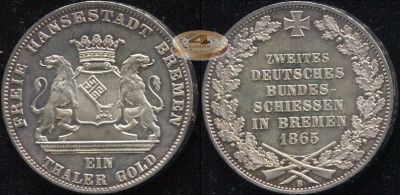 Германия (Бремен). Стрелковый талер. 1865 (Unc. Серебро)