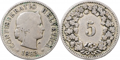 Швейцария. Монета 5 раппенов. 1883.B (S.1212 / KM#26. VF)