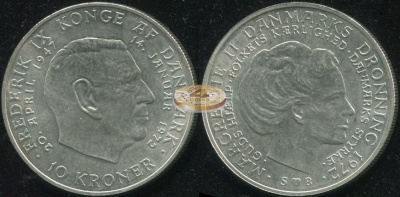 Дания. 10 крон. 1972 (Unc. Серебро)