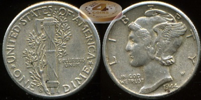 США. 10 центов (Дайм). 1944.D (aUnc. Серебро)