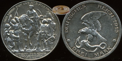 Германия (Пруссия). 3 марки. 1913(A) (XF+. Серебро)