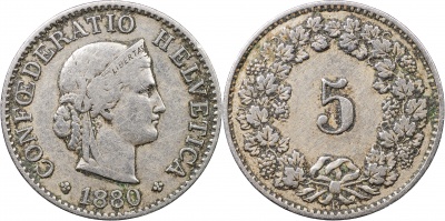 Швейцария. Монета 5 раппенов. 1880.B (S.1212 / KM#26. VF/XF)