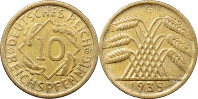 Германия [Веймарская республика]. Монета 10 рейхспфеннигов. 1935.G (J.317 / KM#40. XF)