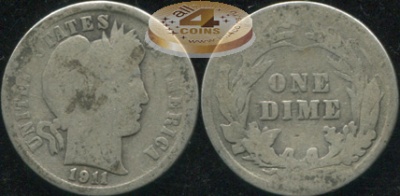 США. 10 центов (Дайм). 1911 (G/AG. Серебро)