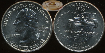 США. Монета 25 центов [Квотер]. 2002.D (KM#334. Unc) Индиана
