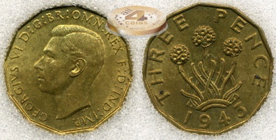 Великобритания. 3 пенса. 1943 (Unc+ [MS-64]. Слаб)