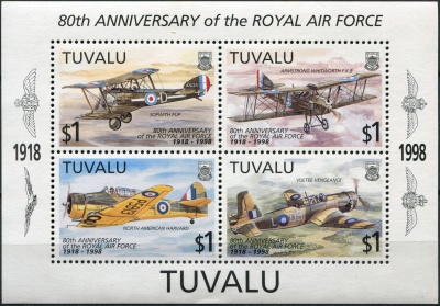 Тувалу. 1998. 80-летие Королевских ВВС. Самолёты (Блок. MNH OG)