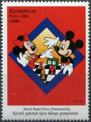 Азербайджан. 1998. Микки и Минни Маус играют в шахматы (Почтовая марка. MNH OG)