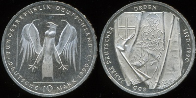 Германия [ФРГ]. 10 марок. 1990.J (Proof-. Серебро)