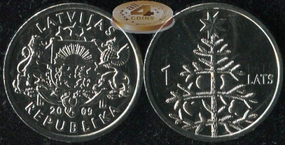 Латвия. 1 лат. 2009 (Unc)