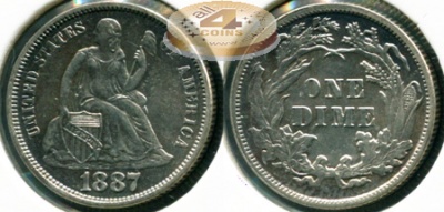США. 10 центов (Дайм). 1887 (aUnc++. Серебро)