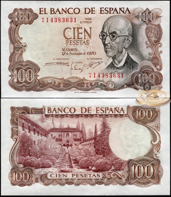 Испания. Банкнота 100 песет. 17.11.1970. Unc. Бумага. Кат.# P.152a