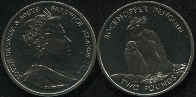 Южная Георгия и Южные Сандвичевы о-ва. Монета 2 фунта. 2006 (KM#22. Unc) Хохлатый Пингвин и пингвине
