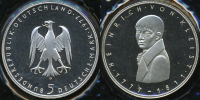 Германия (ФРГ). 5 марок. 1977 G (Proof) Серебро